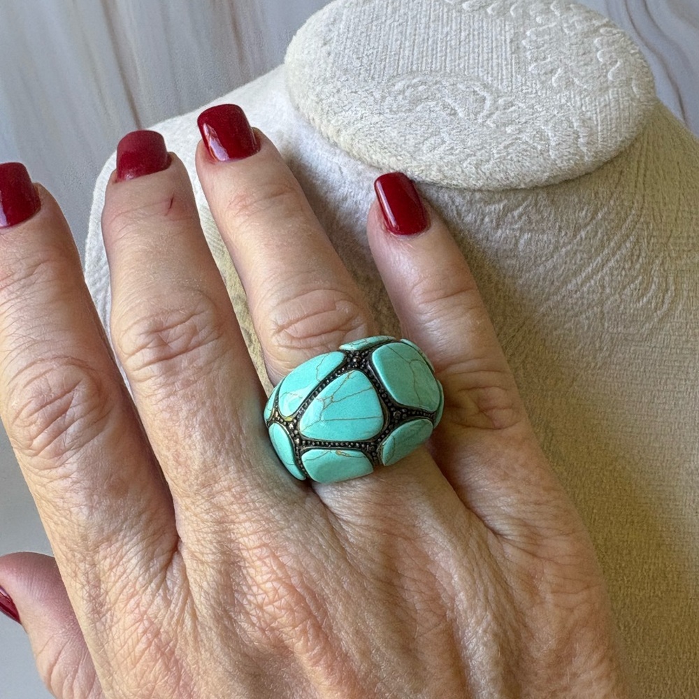 Bold Turquoise Mosaic Statement Ring - image 2